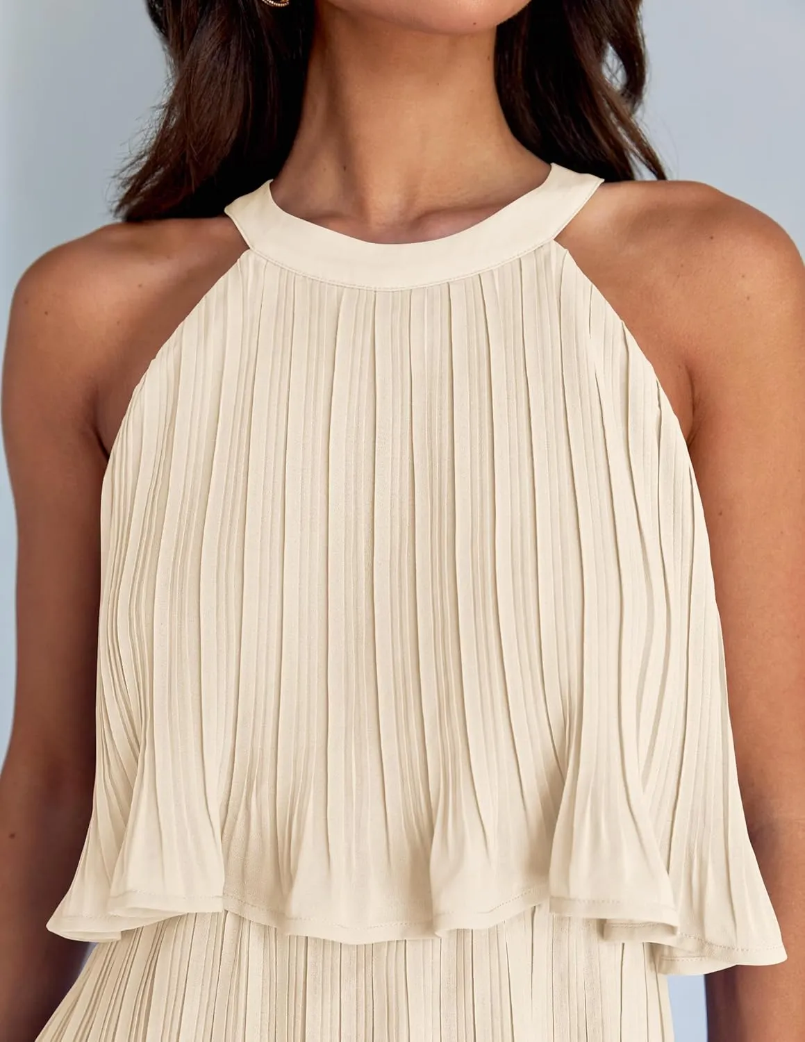 ZESICA Women's 2025 Summer Halter Dresses Sleeveless Ruffle Tiered Layered Chiffon Pleated A Line Swing Mini Dress