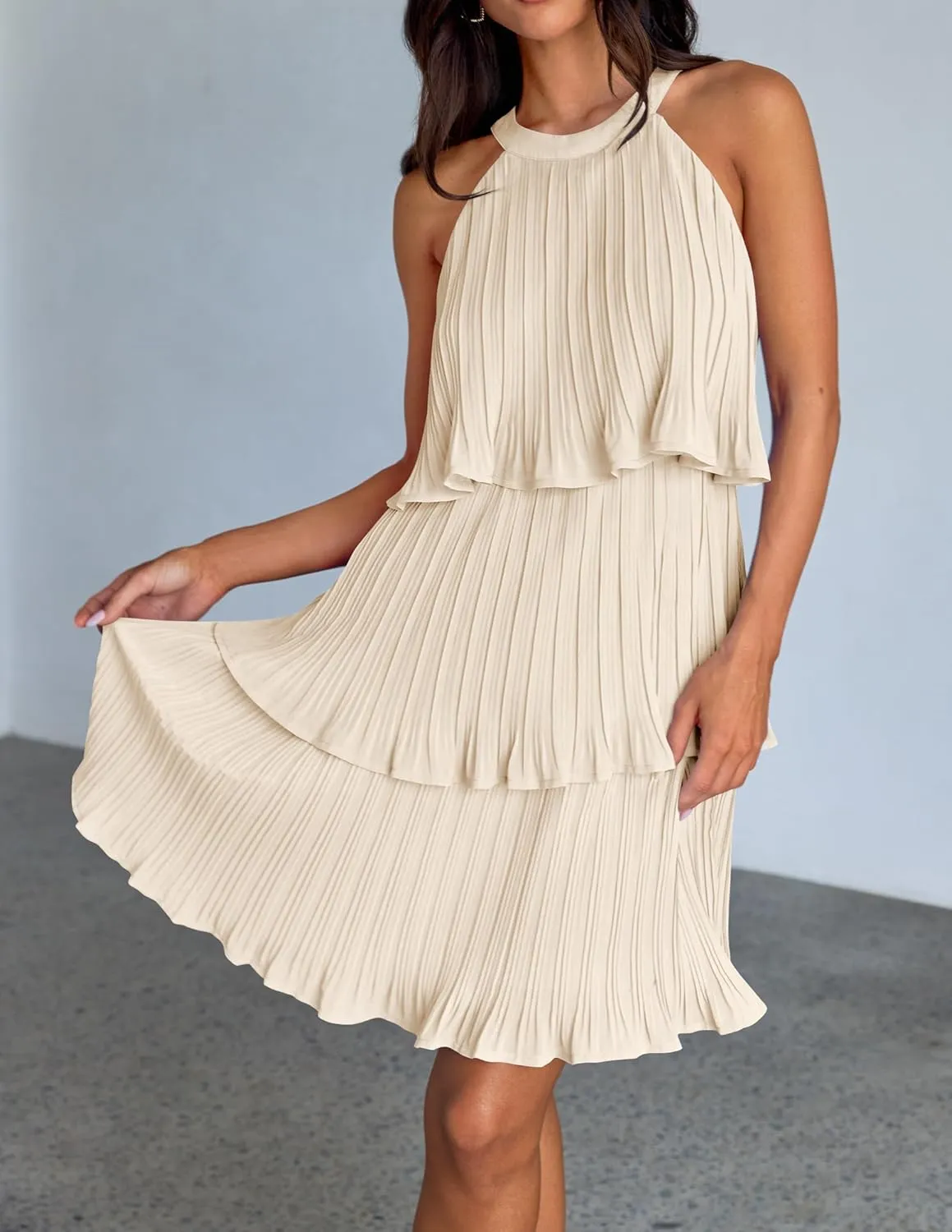 ZESICA Women's 2025 Summer Halter Dresses Sleeveless Ruffle Tiered Layered Chiffon Pleated A Line Swing Mini Dress