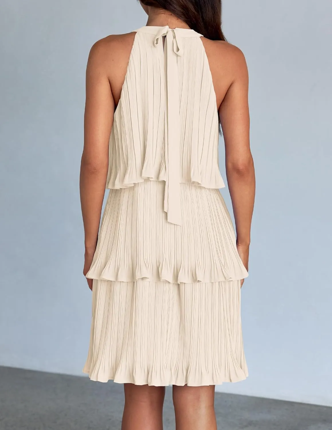 ZESICA Women's 2025 Summer Halter Dresses Sleeveless Ruffle Tiered Layered Chiffon Pleated A Line Swing Mini Dress