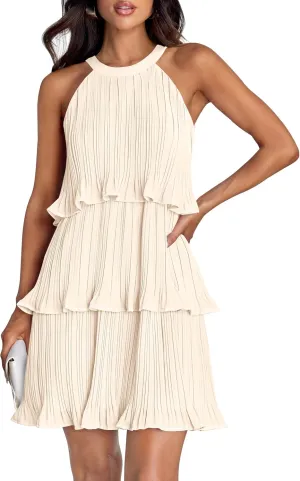 ZESICA Women's 2025 Summer Halter Dresses Sleeveless Ruffle Tiered Layered Chiffon Pleated A Line Swing Mini Dress